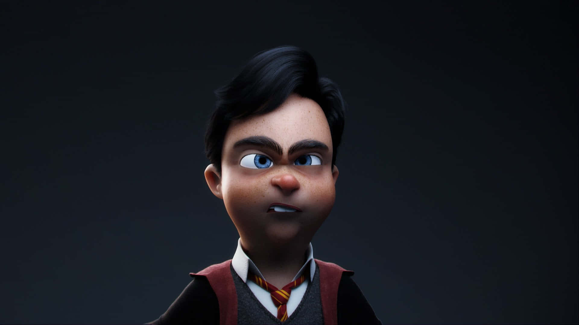 Neville Longbottom 桌布 壁紙 — 一個卡通男孩，有著寬大的藍色眼睛和驚訝的表情，穿著紅色背心和條紋領帶，背景為深色。