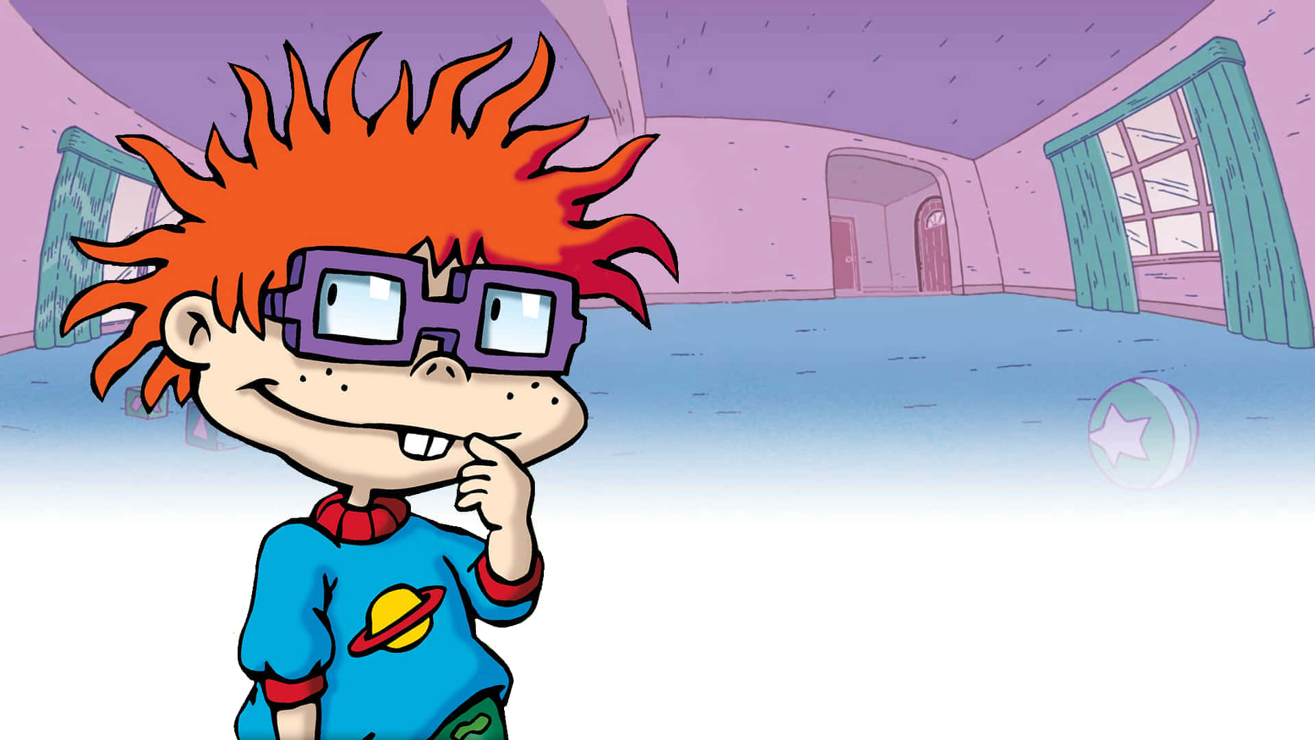 rugrats 桌布 壁紙 — 一個卡通男孩，有著尖刺的橙色頭髮和紫色眼鏡，在粉彩色的房間裡若有所思地微笑。