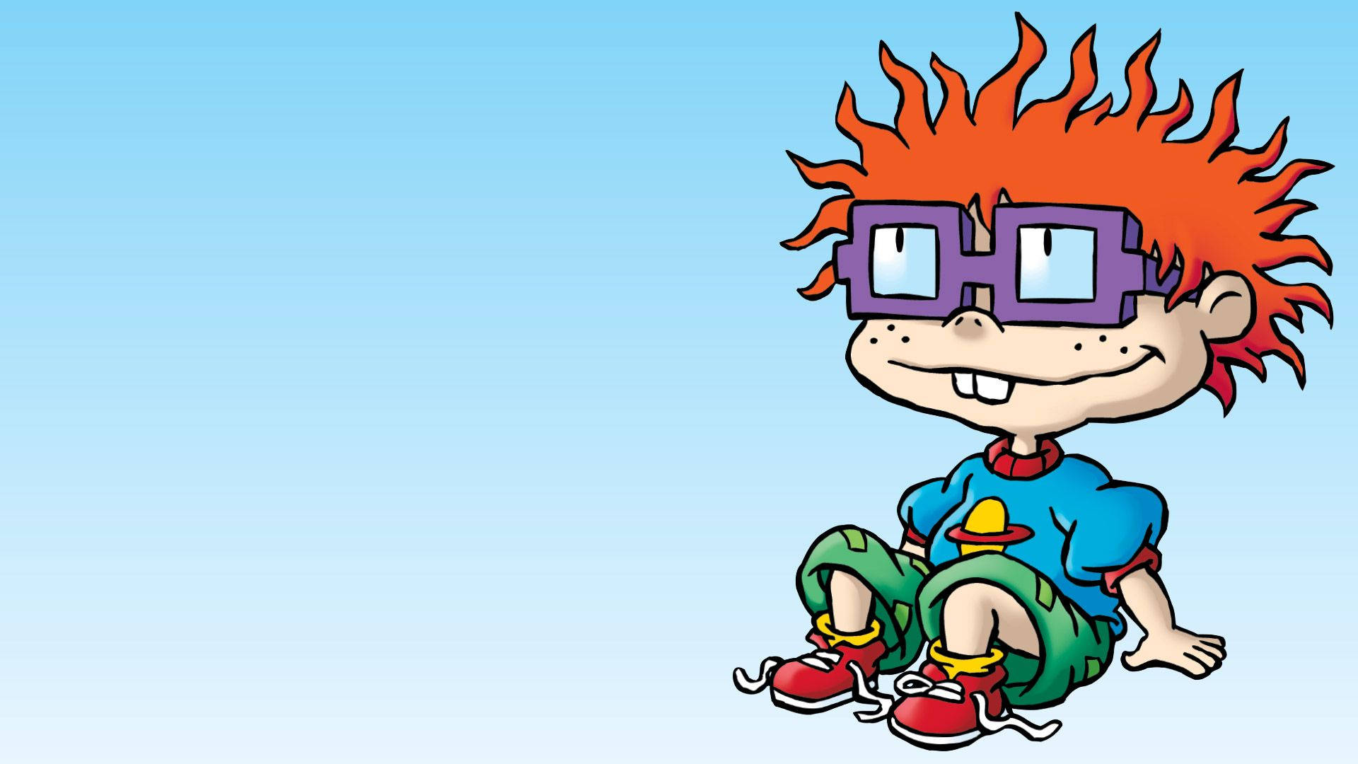 rugrats 桌布 壁紙 — 一個卡通男孩，有著尖刺的紅髮和紫色眼鏡，坐在淺藍色漸變背景前微笑。
