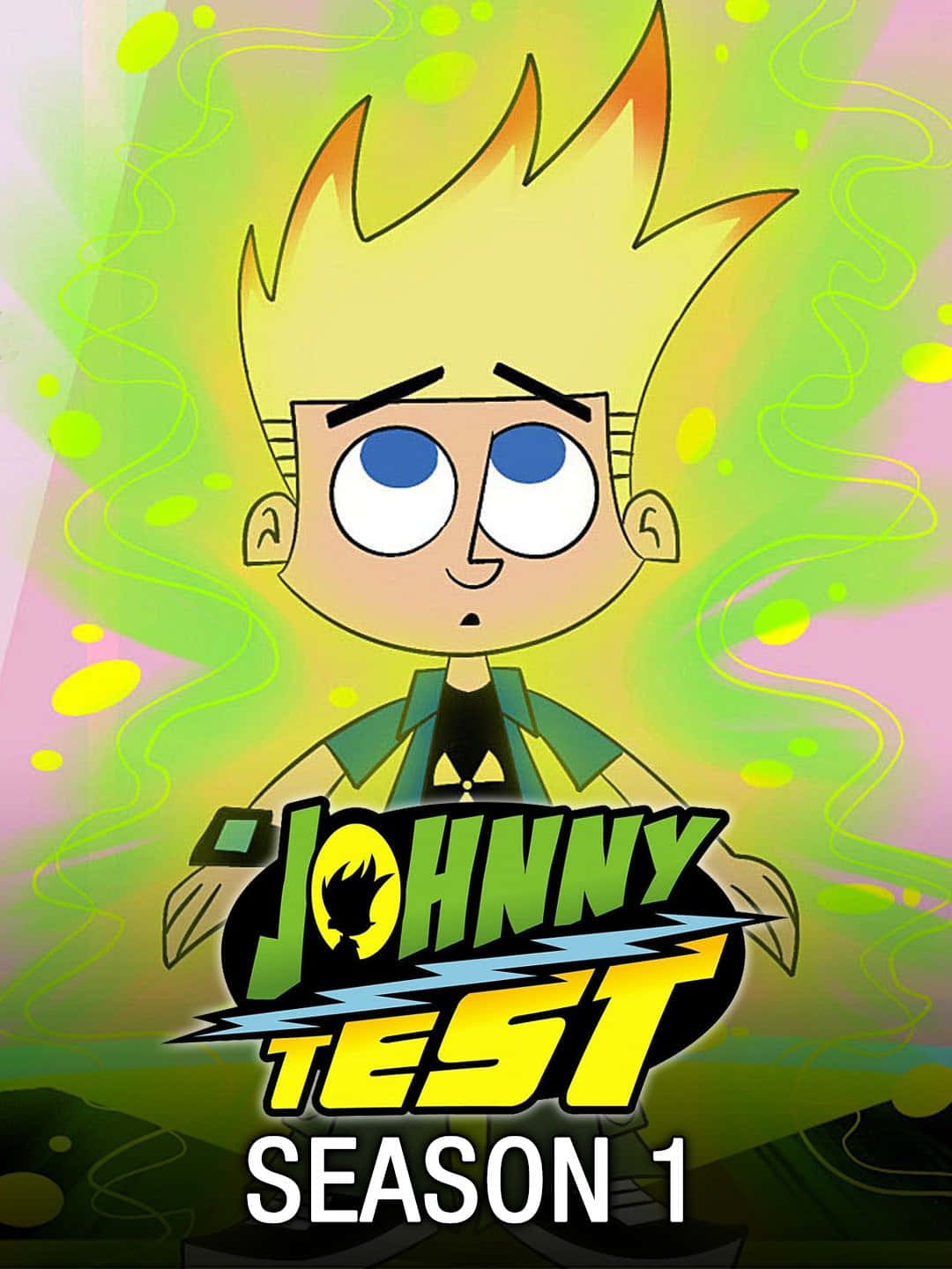 Johnny Test 桌布 壁紙 — 一個卡通男孩，有著尖刺的黃色頭髮和大大的藍色眼睛，站在發光的綠色和粉紅色背景前，背景帶有旋轉的能量效果。