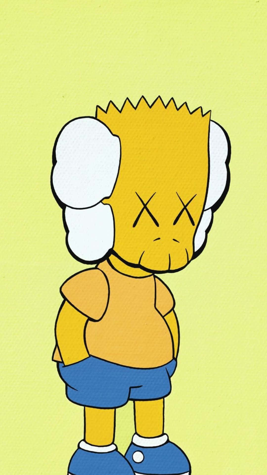 Kaws The Simpsons 桌布 壁紙 — 一個卡通男孩，有著尖刺的黃色頭髮和X形眼睛，站在淡黃色背景前，穿著橙色襯衫和藍色短褲。