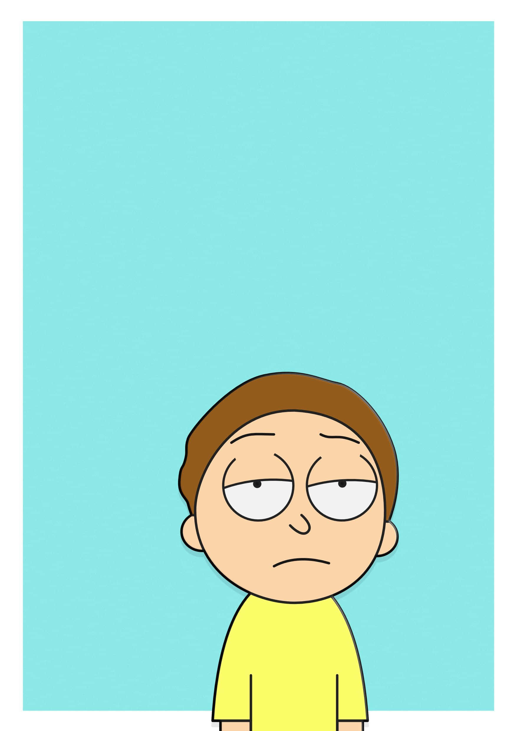 Morty Smith 桌布 壁紙 — 一個卡通男孩，棕色頭髮，穿著黃色襯衫，在純青色背景上看起來很無聊。