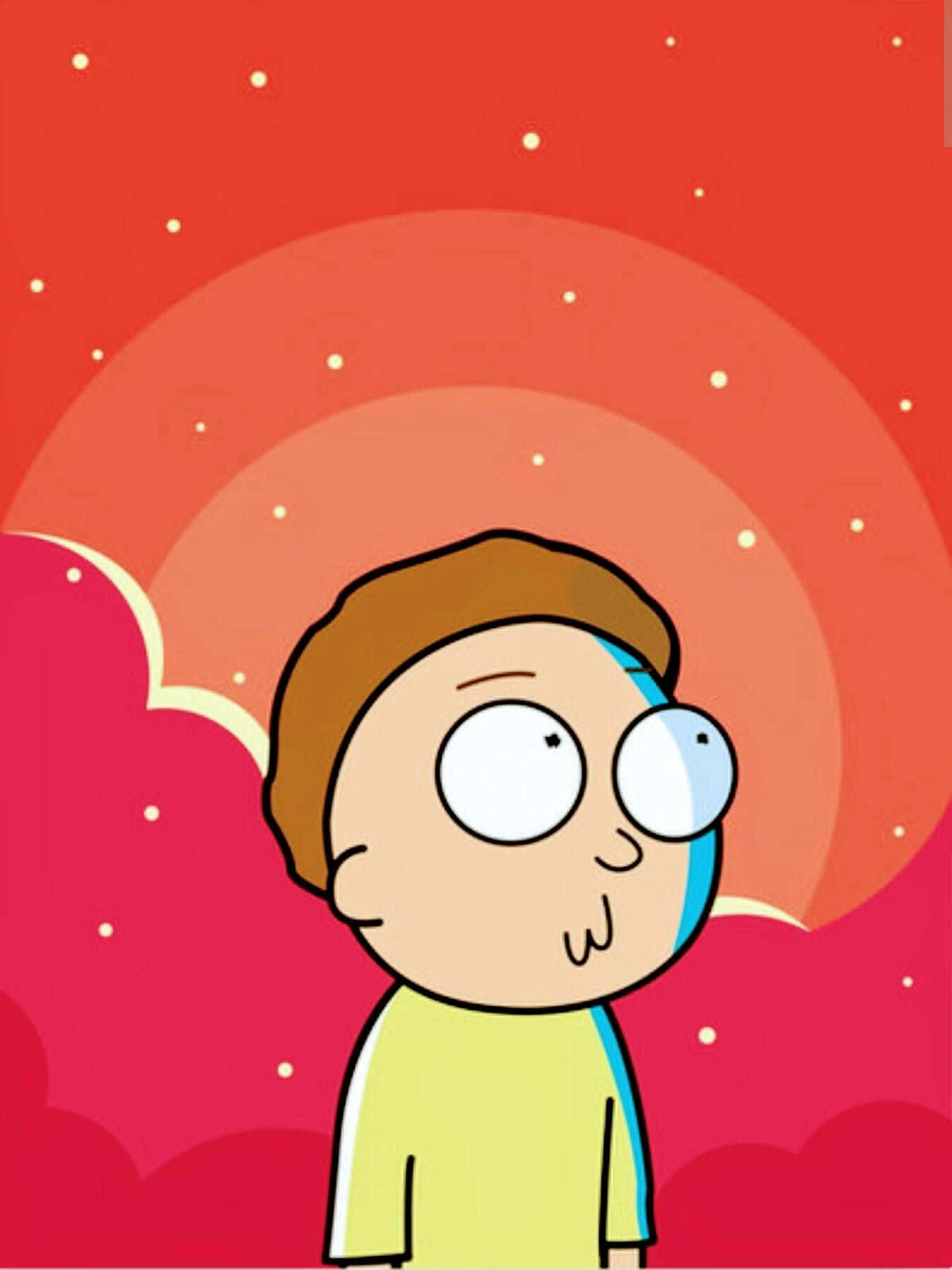 Morty Smith 桌布 壁紙 — 一個卡通男孩，眼睛大大，穿著黃色襯衫，站在充滿浮星的鮮紅色日落天空前。
