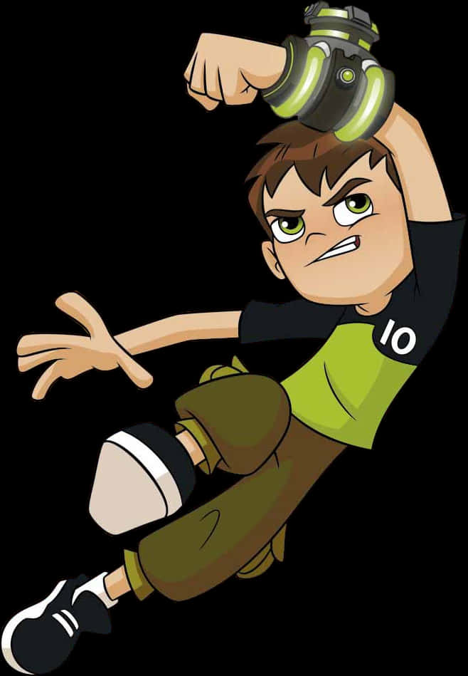 Cartoon Characters 桌布 壁紙 — 一個卡通男孩，綠色眼睛，穿著黑色襯衫（號碼10），在黑色背景前彎曲手臂，手持發光綠色手腕裝置。