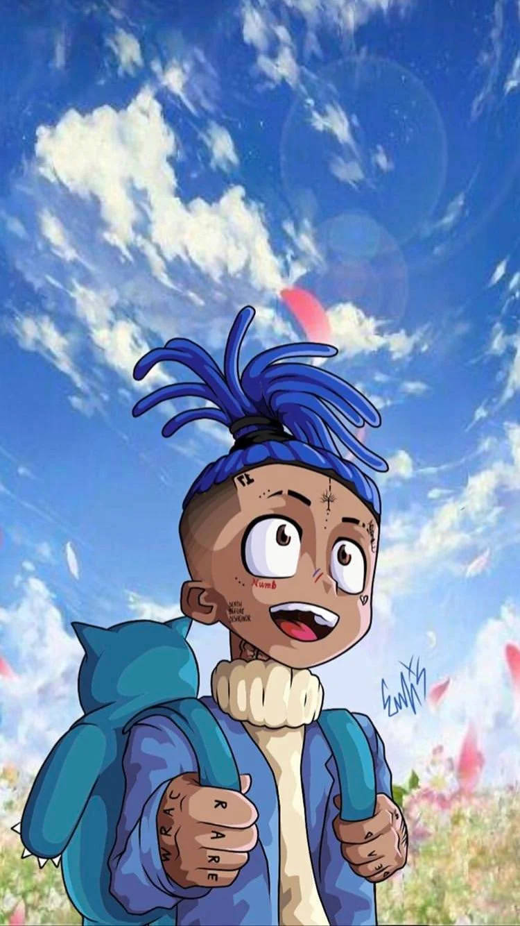 酷酷的xxxtentacion 桌布 壁紙 — 一個卡通男孩，藍色辮子頭和刺青，在藍天白雲下微笑。