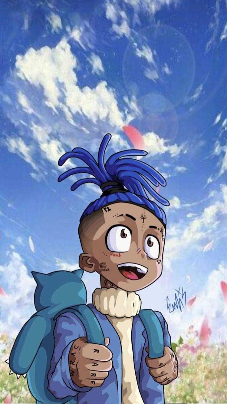 xxxtentacion 動畫 桌布 壁紙 — 一個卡通男孩，藍色辮子頭和刺青，在藍天白雲下開心地微笑。