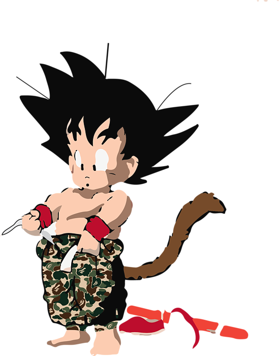 kid goku 桌布 壁紙 — 一個卡通男孩，頭髮尖尖，有猴子尾巴，穿著迷彩褲和紅色腕帶，在黑色背景前拿著一個白色物體。