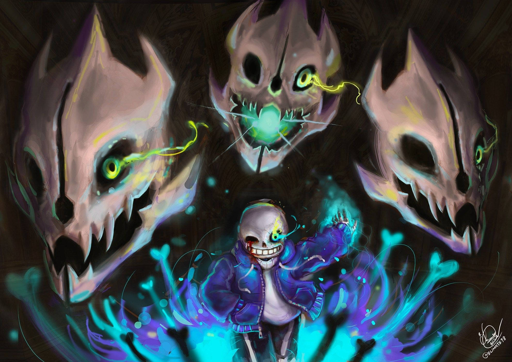 Sans 桌布 壁紙 — 一個卡通男孩，骷髏臉，穿著紫色外套，被三個發光的骷髏頭包圍，眼睛綠色，帶有電火花。