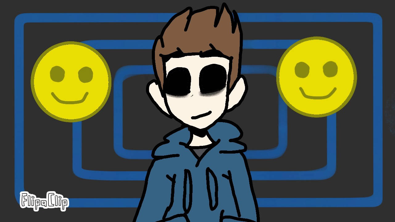 Eddsworld 桌布 壁紙 — 一個卡通男孩，黑色眼睛，穿著藍色連帽衫，站在兩個黃色笑臉之間，背景是帶有藍色線條的深色背景。