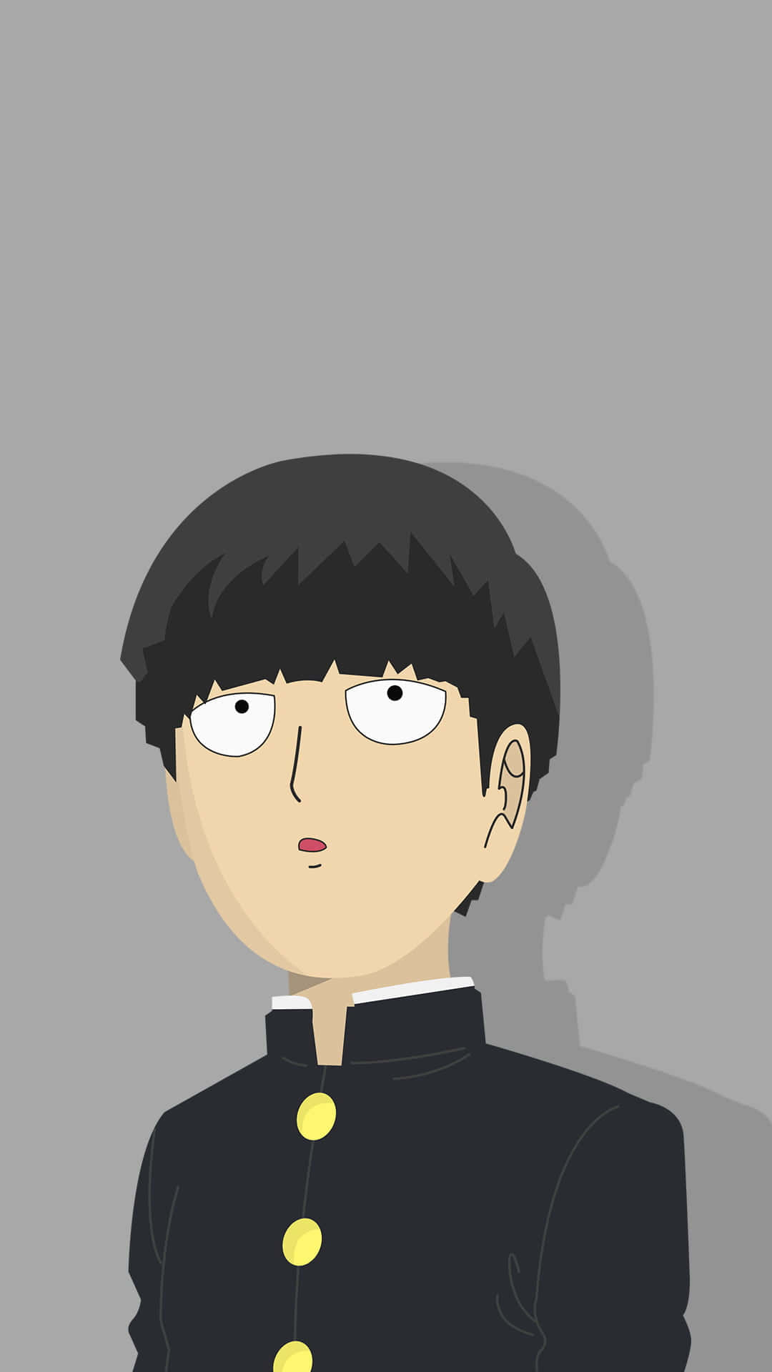 動漫 桌布 壁紙 — 一個卡通男孩，黑髮大眼，穿著黑色制服，帶有黃色鈕扣，背景為純灰色。