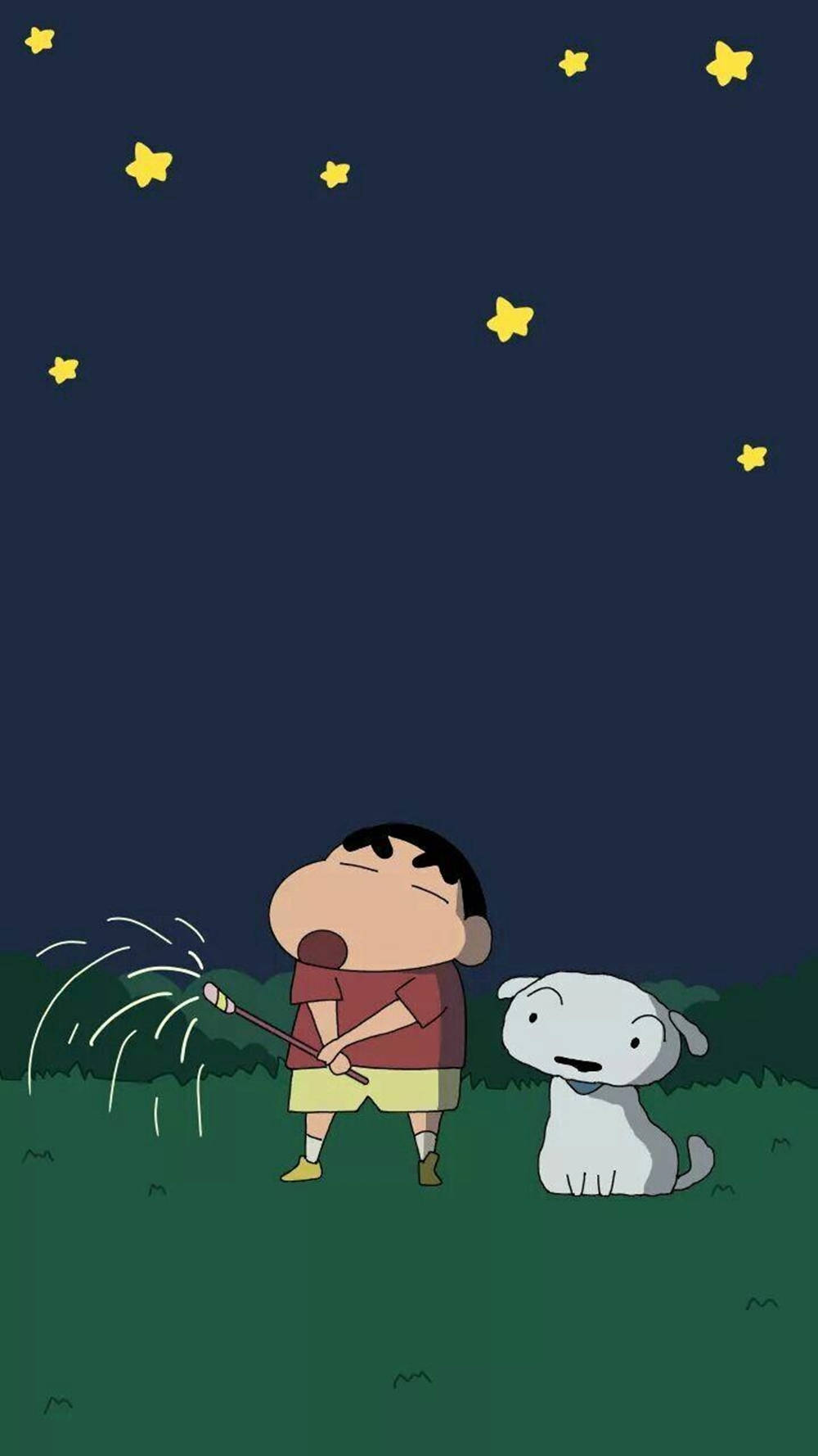 狗 桌布 壁紙 — 一個卡通男孩和他的狗在夜晚的草地上仰望閃爍的星星，同時他手持煙火棒。