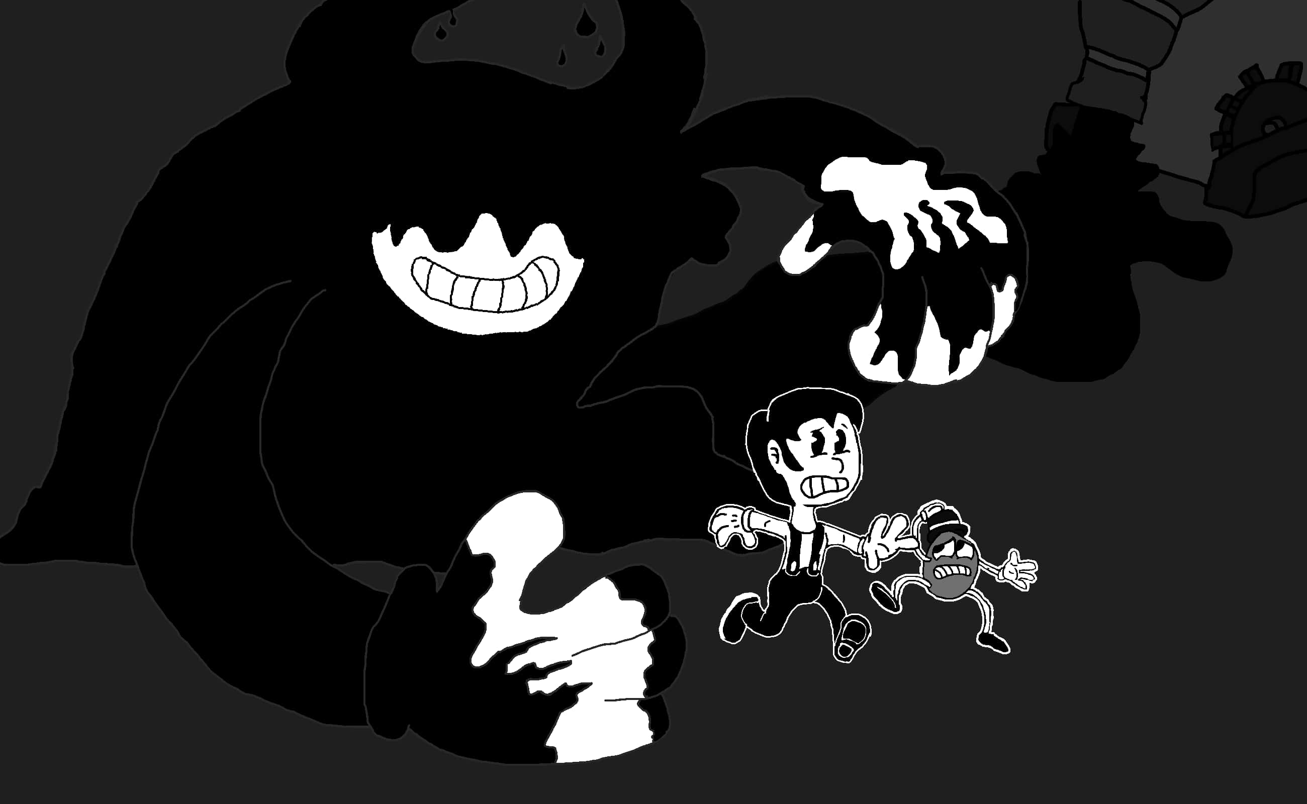 Bendy 桌布 壁紙 — 一個卡通男孩和機器人逃離一個咧嘴大笑、牙齒滴著液體的巨型陰影怪物。