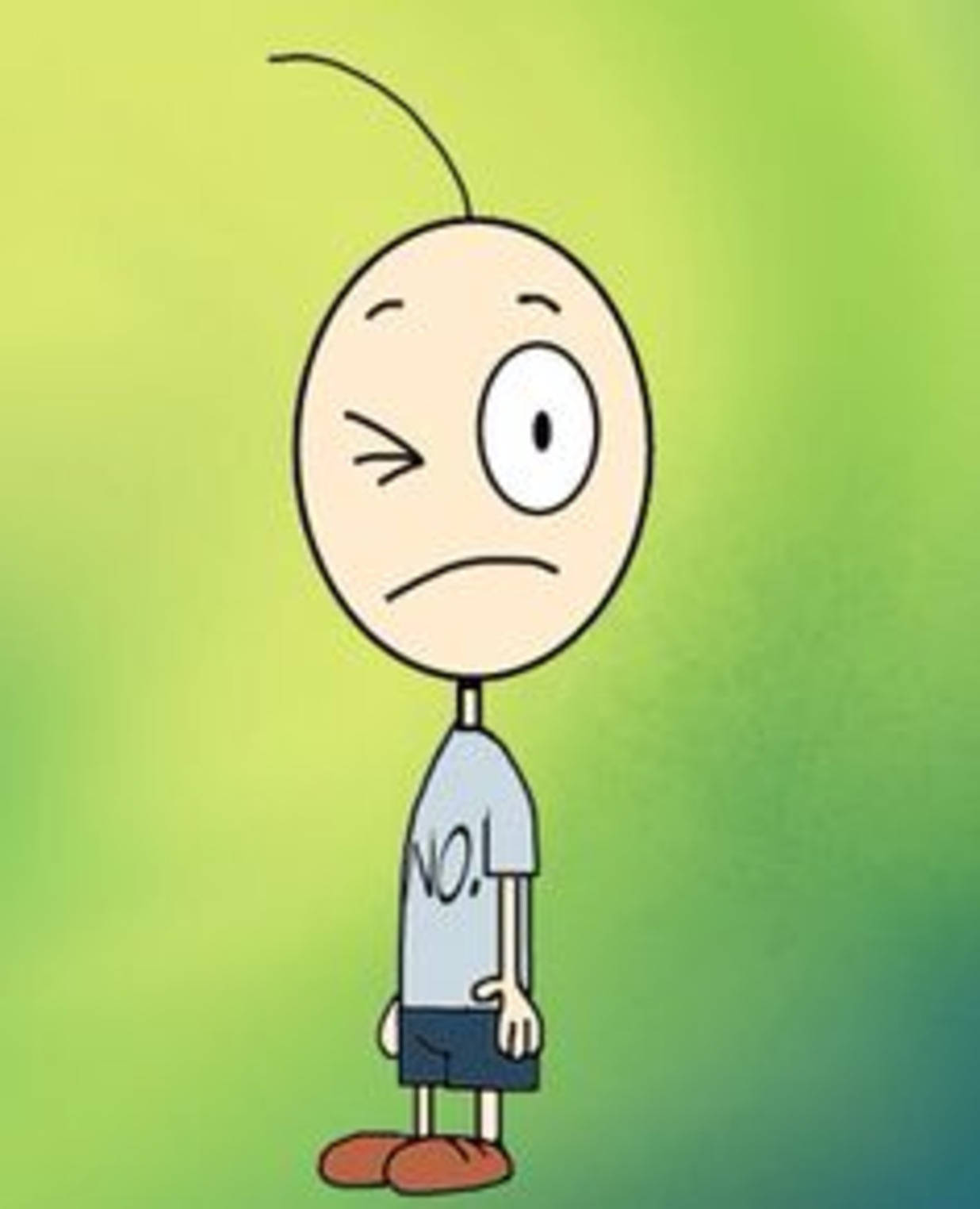 Wink 桌布 壁紙 — 一個卡通男孩單眼眨眼並皺眉，穿著一件寫著「NO!」的襯衫，背景是綠色漸層。