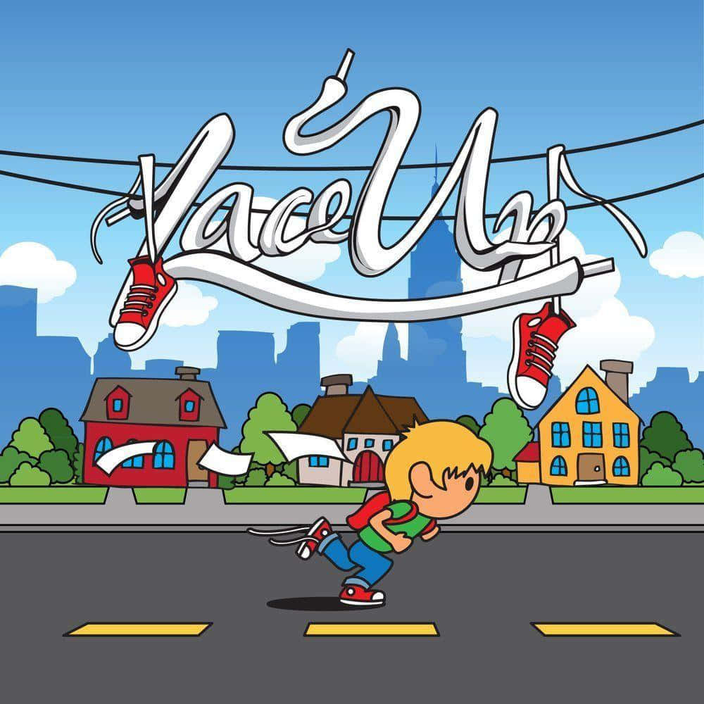 mgk 桌布 壁紙 — 一個卡通男孩在街上奔跑，而巨大的紅色運動鞋掛在郊區上方的「Lace Up」標誌上。