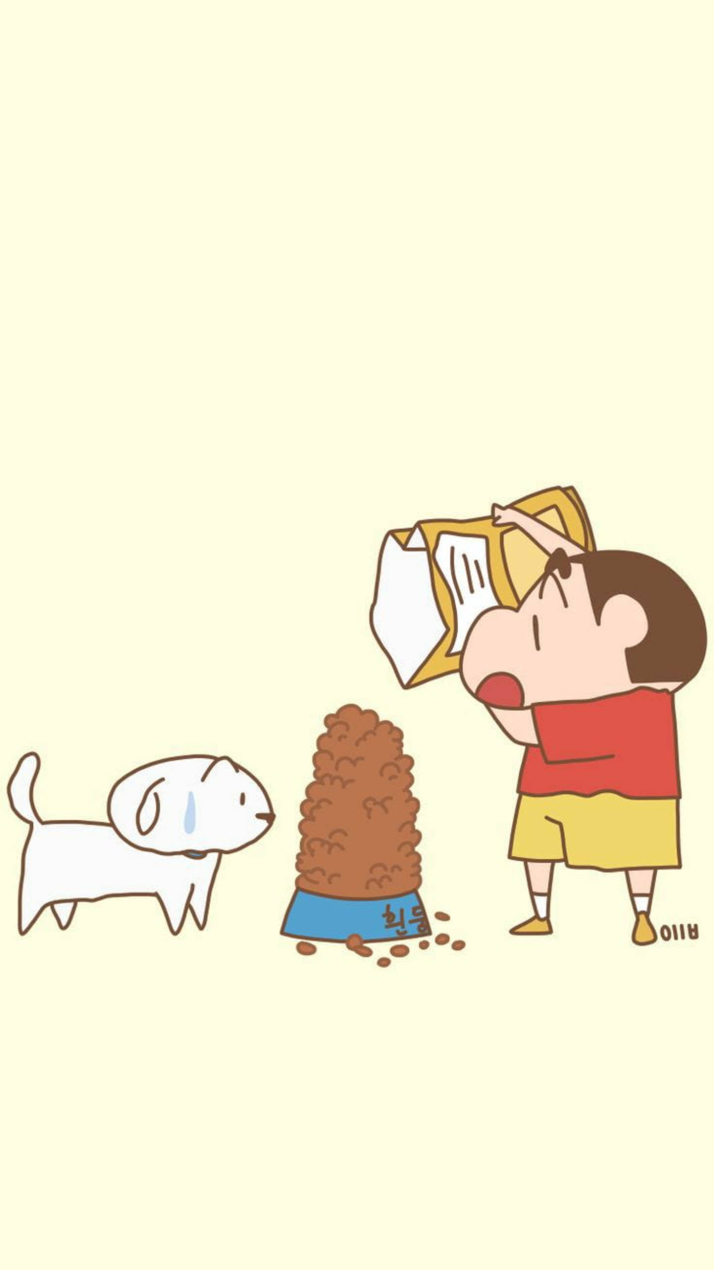 shinchan 桌布 壁紙 — 一個卡通男孩將狗糧倒入碗中，而一隻悲傷的白狗含淚看著。