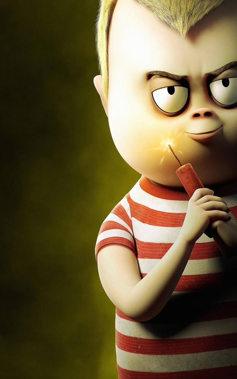 The Addams Family 2 桌布 壁紙 — 一個卡通男孩帶著憤怒的表情，在深綠色背景前，手持一根點燃的煙火棒，在嘴邊發光。
