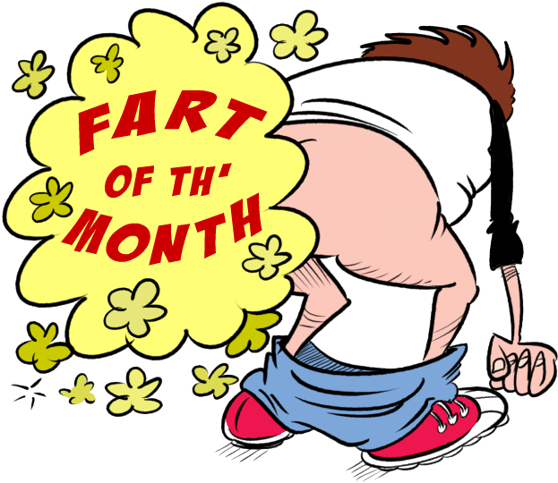 Fart 桌布 壁紙 — 一個卡通男孩彎腰大笑，一個黃色對話框在花朵環繞中宣告「FART OF TH' MONTH」。