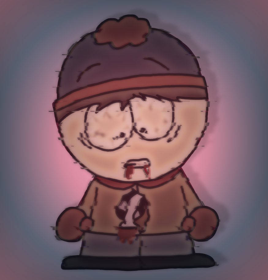 stan marsh 桌布 壁紙 — 一個卡通男孩戴著毛帽和外套，嘴巴滴著血，背景是柔和的粉紅色和藍色漸變。