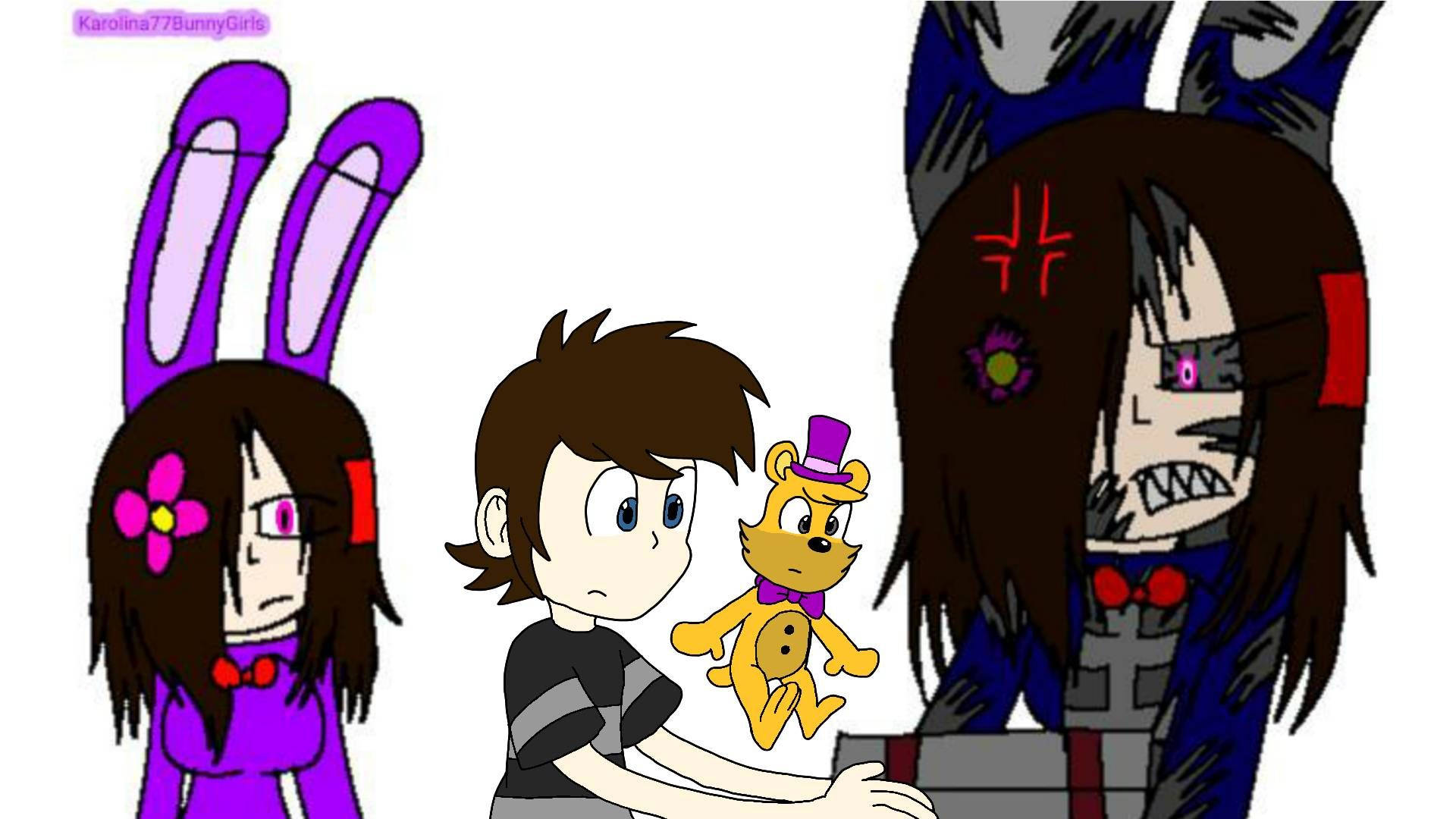 Chris Afton 桌布 壁紙 — 一個卡通男孩拿著一隻黃色泰迪熊，站在兩個長著兔耳、尖牙和發光眼睛的威脅性角色之間。