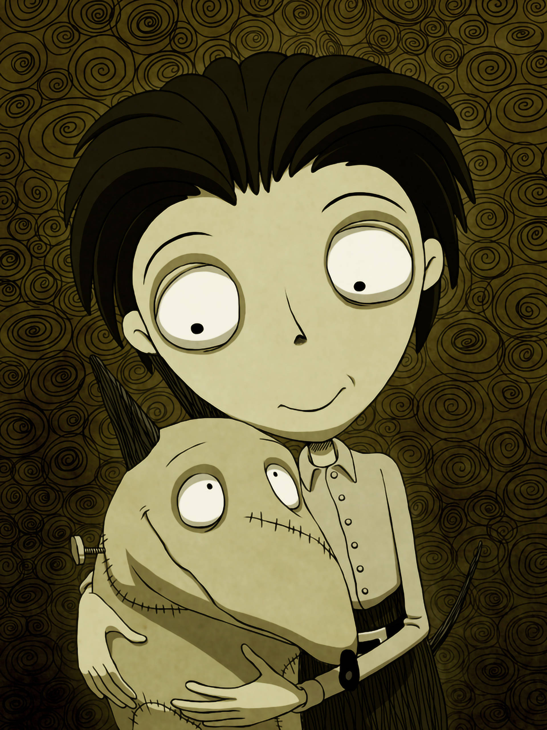 Frankenweenie 桌布 壁紙 — 一個卡通男孩睜大眼睛，在旋轉的棕色圖案背景上擁抱一個縫製的娃娃。