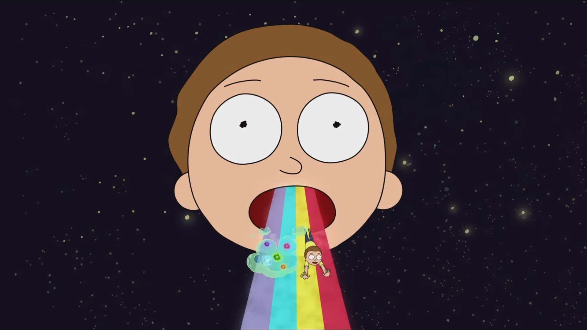 Rick And Morty Laptop 桌布 壁紙 — 一個卡通男孩睜大眼睛，對著星空夜空吐出一道彩虹，彩虹上有一個小角色緊緊抓住。