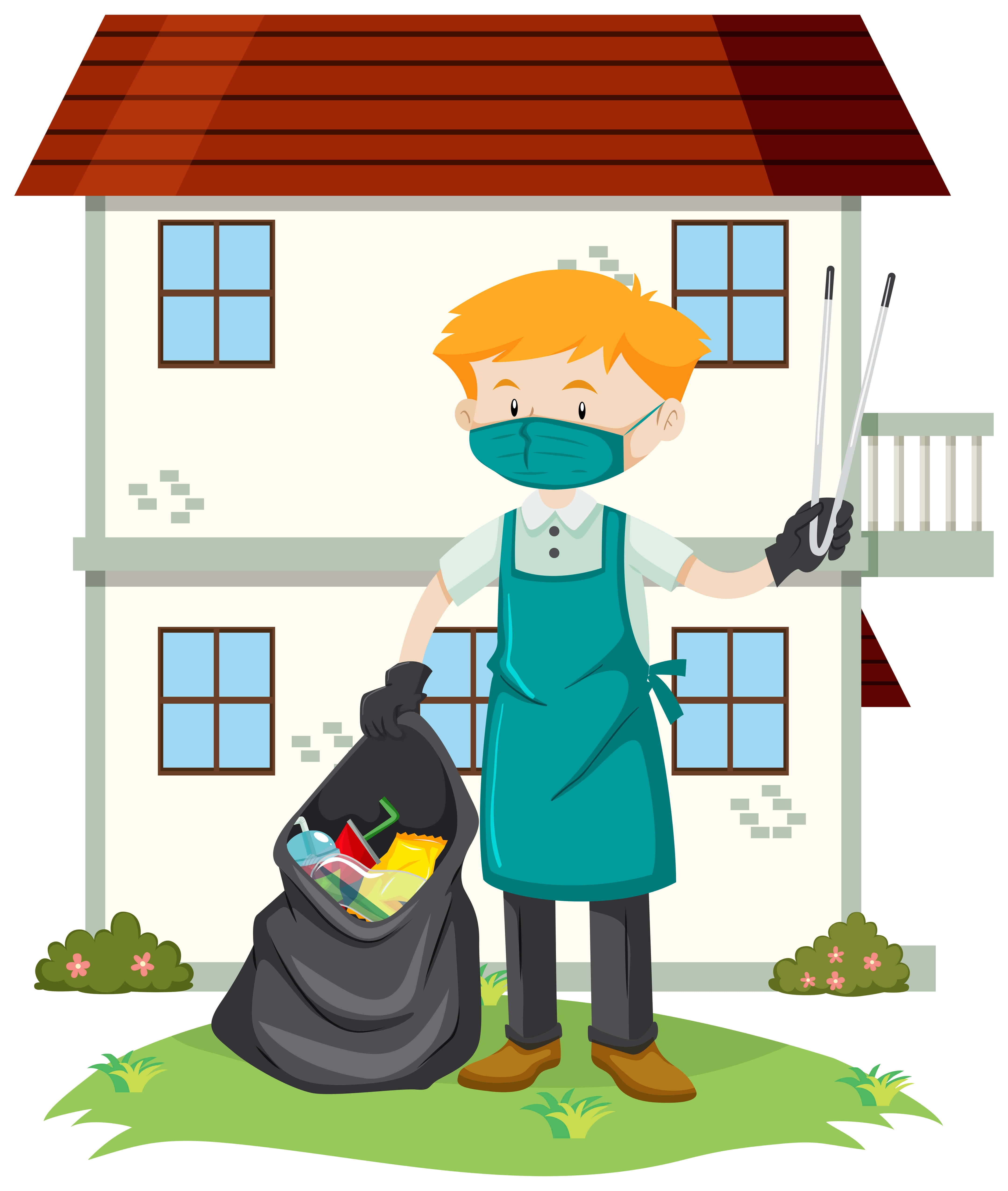 Cleaning 桌布 壁紙 — 一個卡通男孩穿著綠色圍裙和口罩，在屋前用鉗子夾著垃圾袋旁邊。