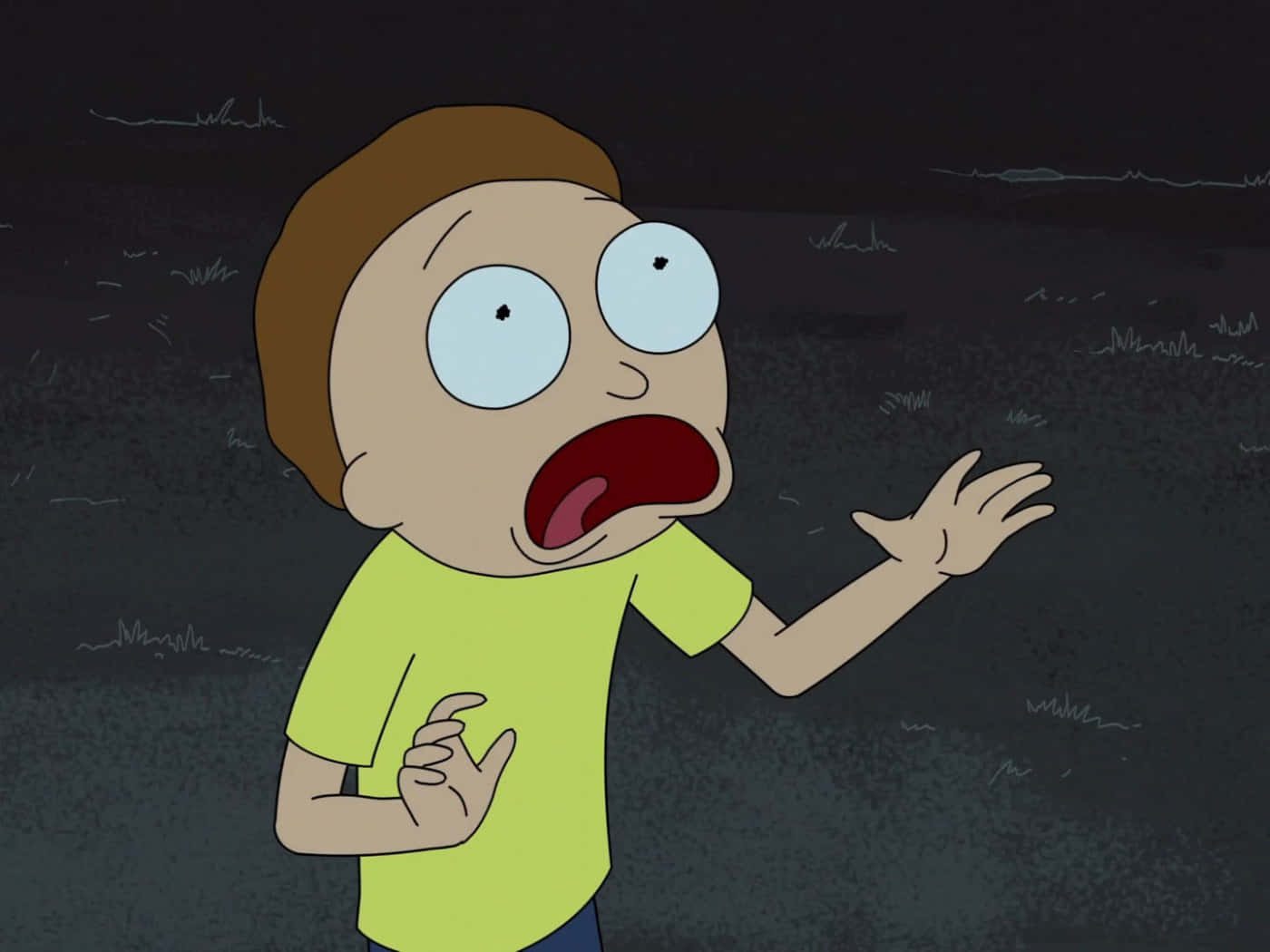 Morty Smith 桌布 壁紙 — 一個卡通男孩穿著綠色襯衫，在深色紋理背景上睜大眼睛尖叫。