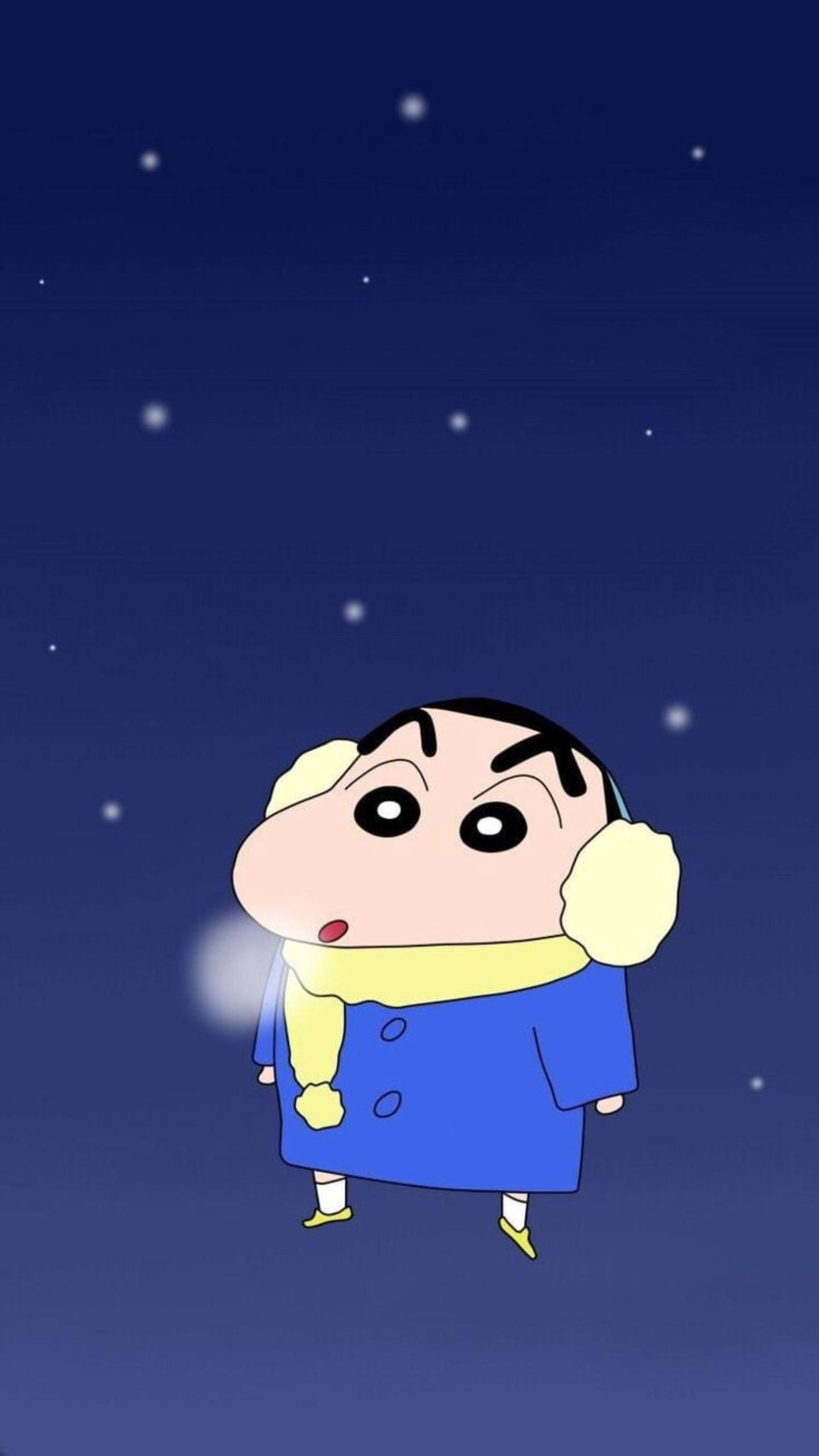 shinchan 桌布 壁紙 — 一個卡通男孩穿著藍色外套和黃色圍巾，仰望繁星點點的夜空。