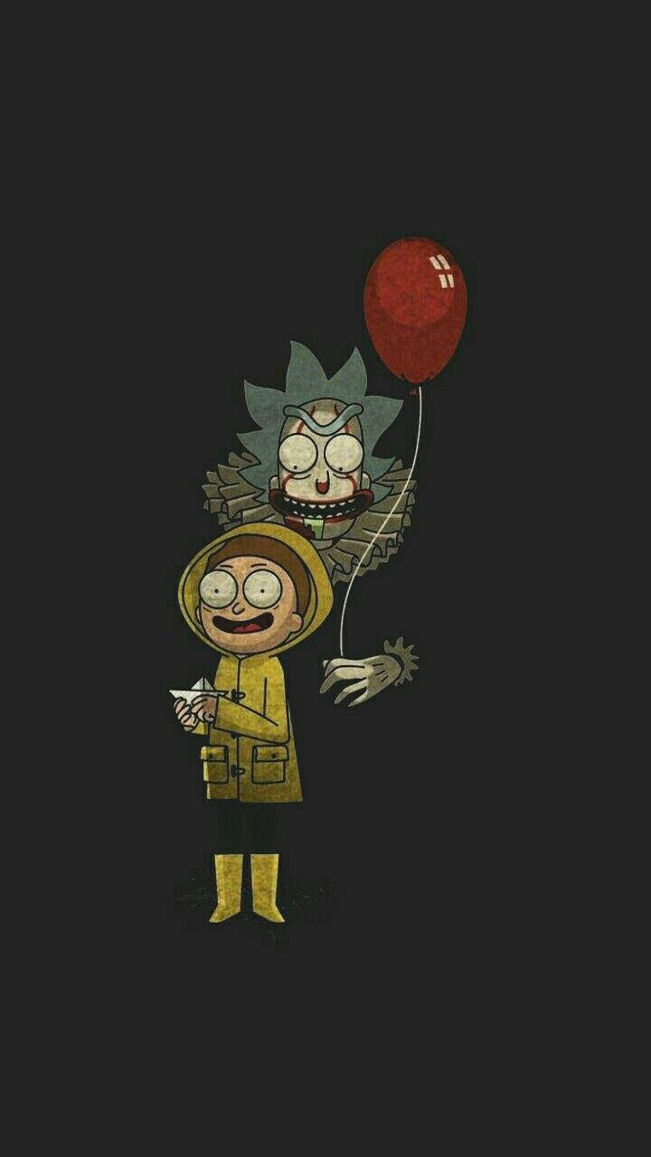 rick 桌布 壁紙 — 一個卡通男孩穿著黃色雨衣，拿著紙飛機，而咧嘴笑的瑞克·桑切斯漂浮在他上方，在黑暗背景中拿著一個紅色氣球。