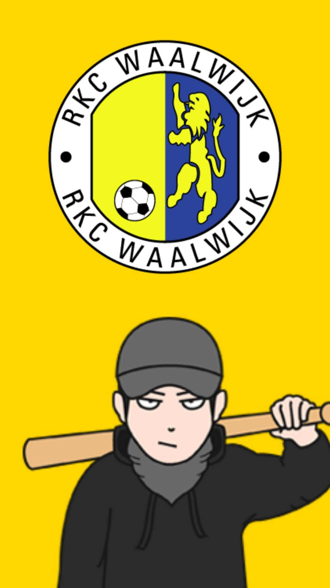 Rkc Waalwijk 桌布 壁紙 — 一個卡通男孩穿著黑色連帽衫和帽子，肩上扛著棒球棍，背景是明亮的黃色，上面有RKC Waalwijk足球俱樂部徽章。