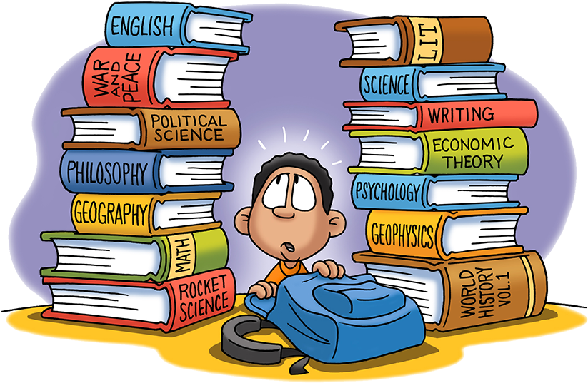 homework 桌布 壁紙 — 一個卡通男孩被高聳的標籤教科書堆淹沒，包括英文、科學和歷史。