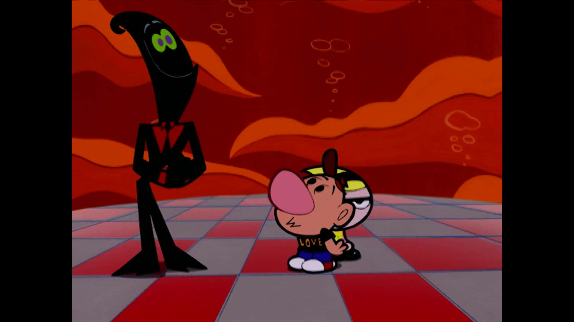 the grim adventures of billy and mandy 桌布 壁紙 — 一個卡通男孩跪在棋盤格地板上，面對一個在火紅背景中、有著綠色眼睛的高大黑色幽靈。