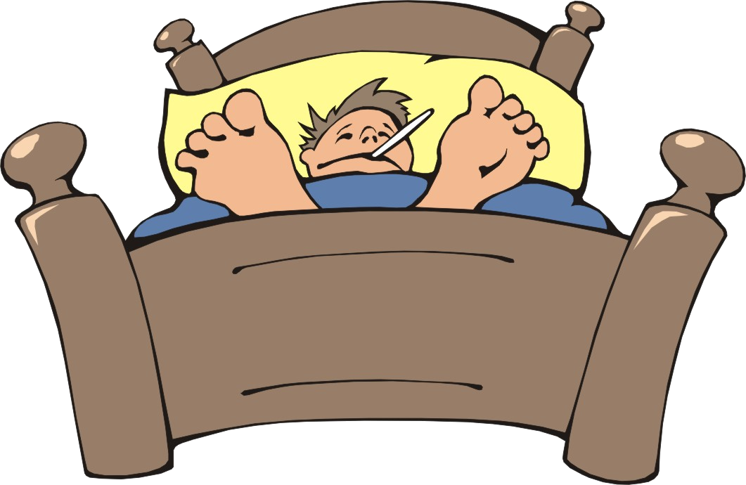 Clip Art 桌布 壁紙 — 一個卡通男孩躺在床上，雙腳朝天，嘴裡含著體溫計，看起來生病了。