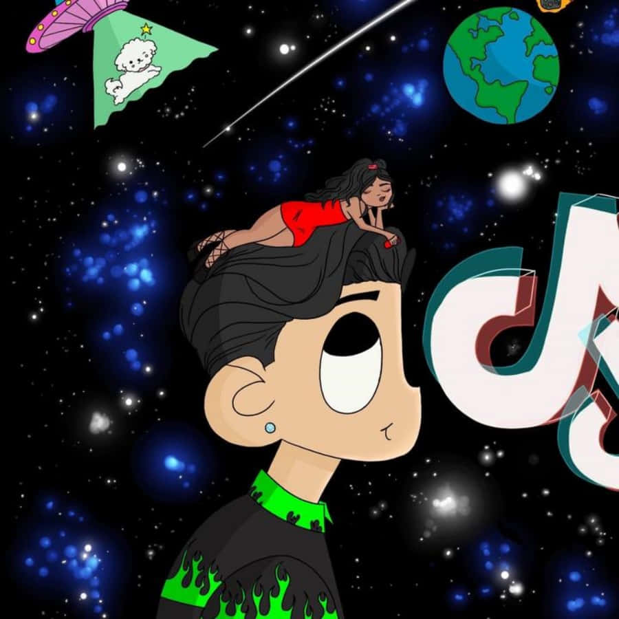 Cool TikTok Profile 桌布 壁紙 — 一個卡通男孩頭上頂著一個女孩，凝視著TikTok標誌，背景是繁星點點的宇宙，有地球和一隻蝴蝶。