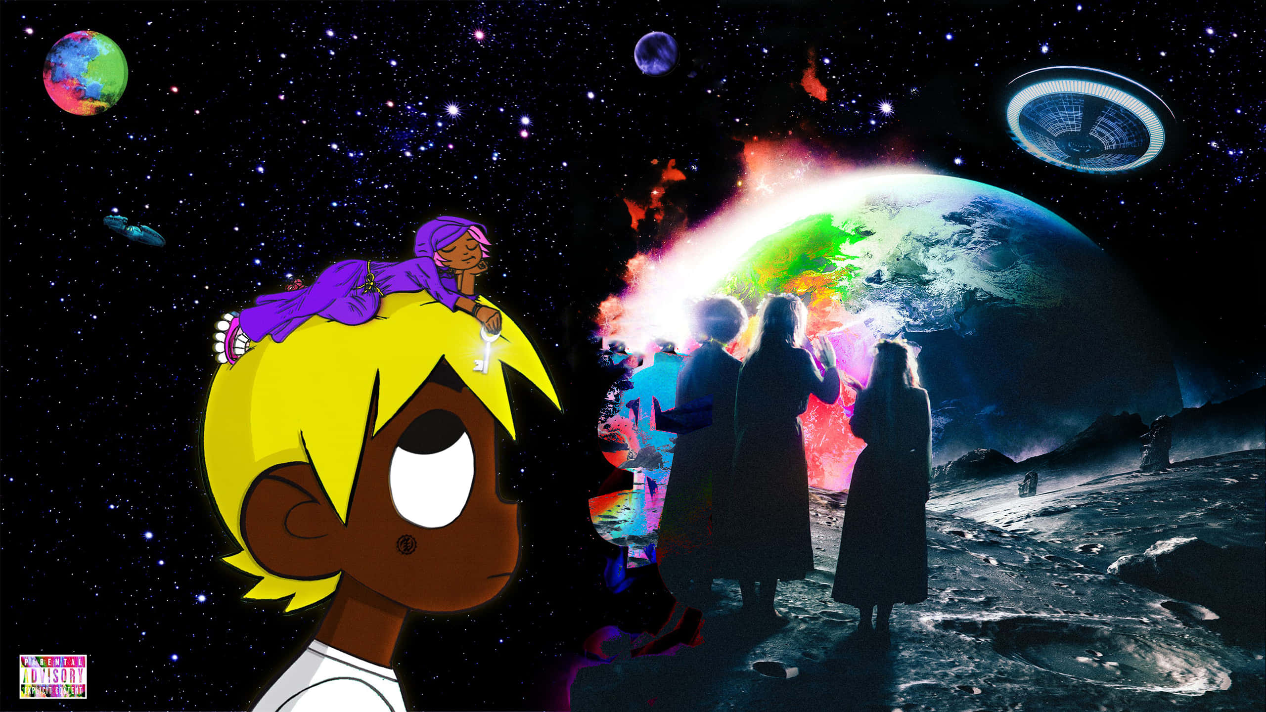 太空 桌布 壁紙 — 一個卡通男孩頭上頂著一個紫髮女孩，凝視著剪影人物觀看一個發光行星與UFO在星空宇宙場景中。