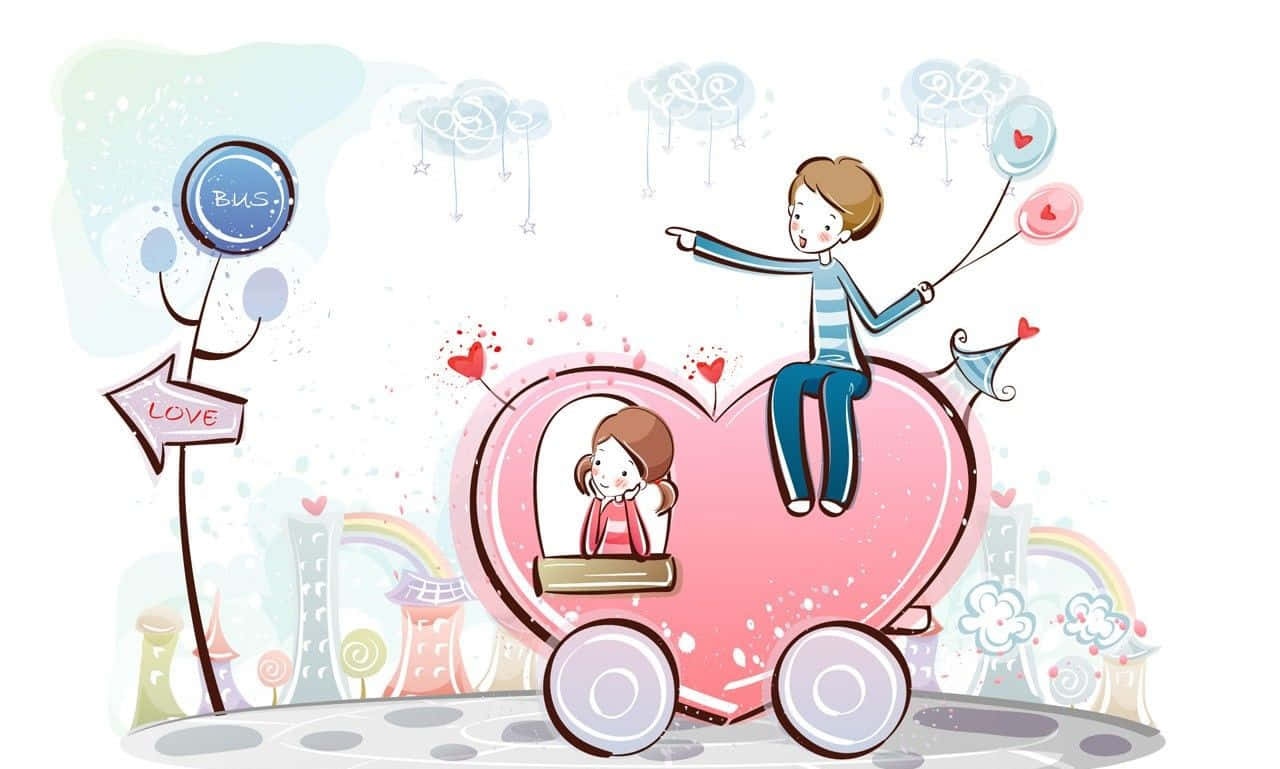 couple love 桌布 壁紙 — 一個卡通男孩騎在粉紅色心形巴士上，手持氣球，一個女孩坐在裏面，背景中漂浮著彩虹和奇異的雲彩。