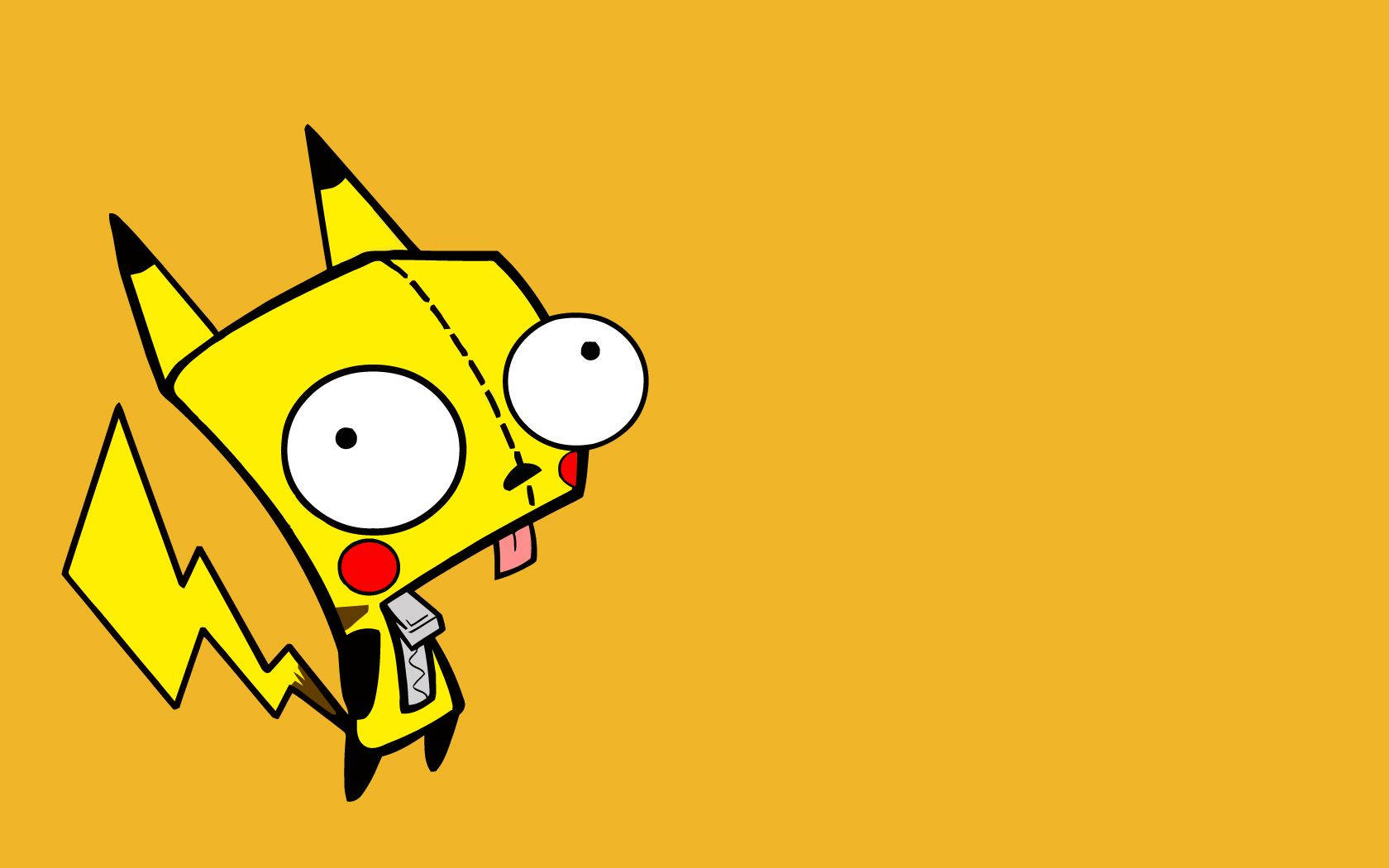 Invader Zim 桌布 壁紙 — 一個卡通皮卡丘，有縫合線條，伸出舌頭，在純黃色背景上。
