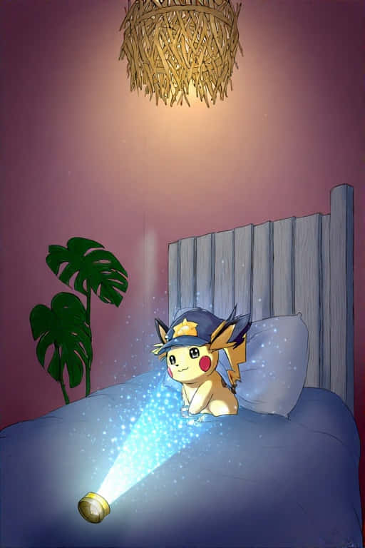 Dreamy Pikachu Bedtime Fairytale 壁紙 — 一個卡通皮卡丘戴著警察帽坐在床上，拿著一支手電筒，發出藍色火花照亮房間。