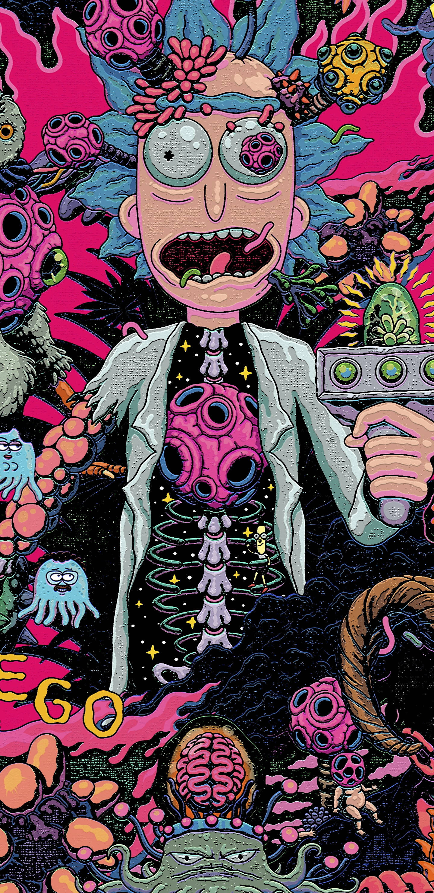rick 桌布 壁紙 — 一個卡通科學家，擁有粉紅色的大腦和外星生物，從迷幻的粉紅色和黑色背景中爆發出來。