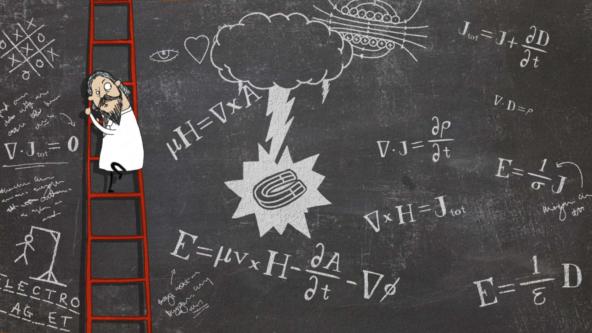 科學 桌布 壁紙 — 一個卡通科學家爬上紅色梯子，旁邊是佈滿物理方程式的黑板和一個中心有磁鐵的風暴雲。
