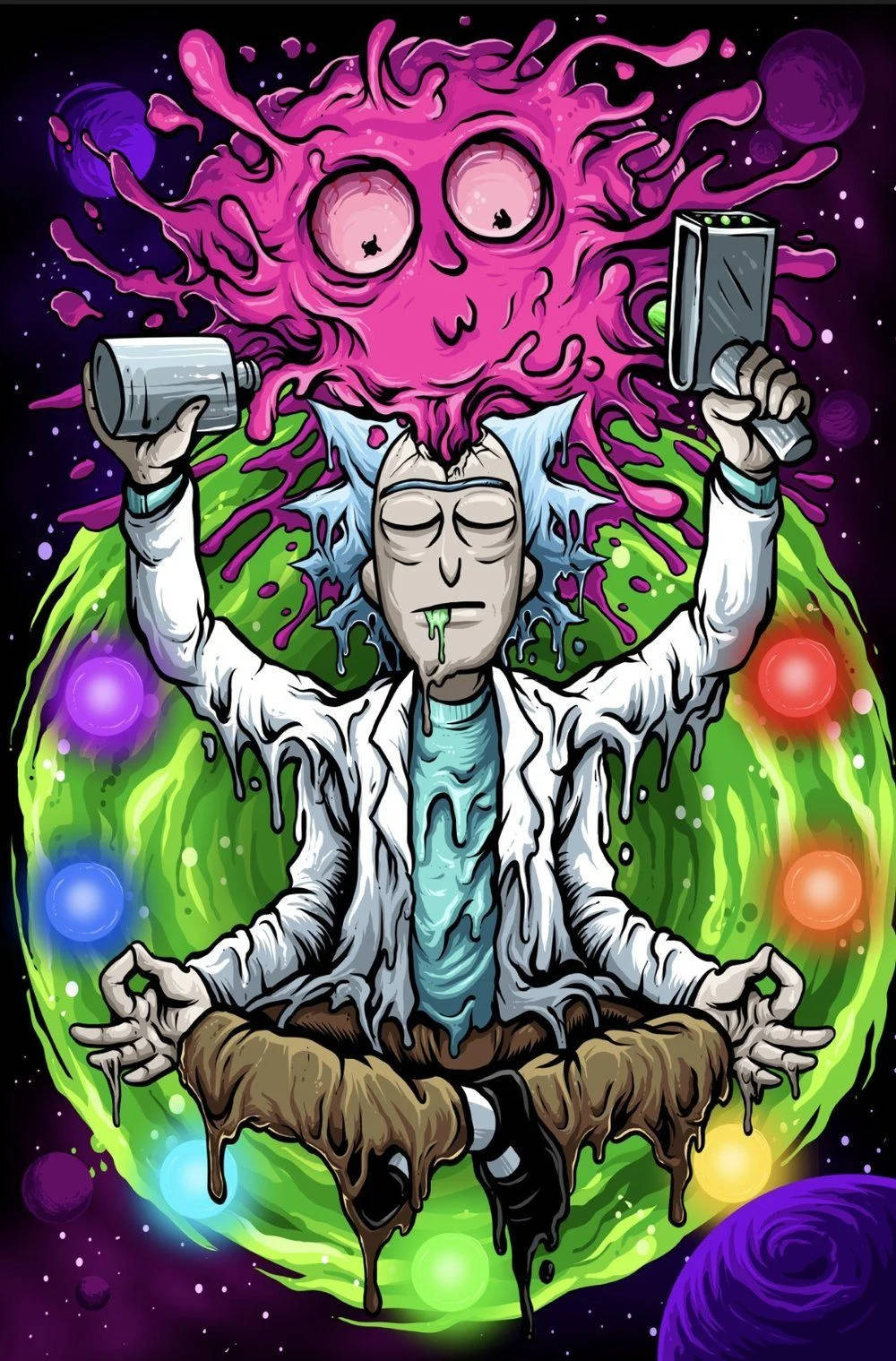 Rick And Morty Weed 桌布 壁紙 — 一個卡通科學家盤腿冥想，粉紅色黏液和綠色能量在他周圍的宇宙環境中旋轉。