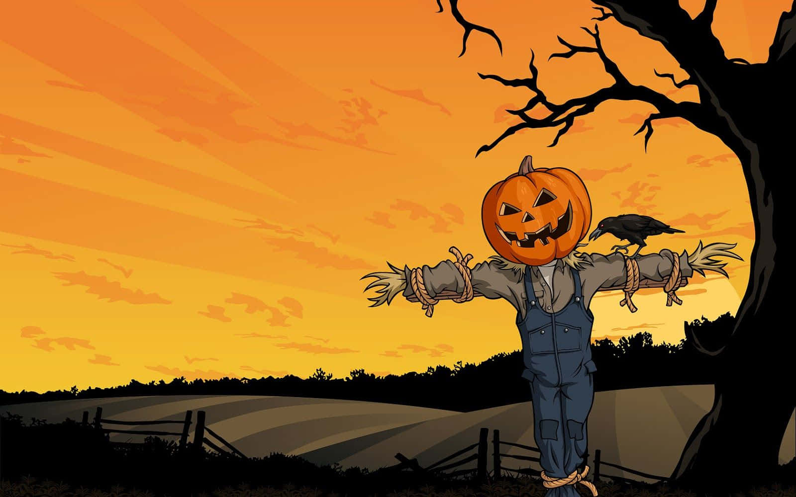 Scarecrows 桌布 壁紙 — 一個卡通稻草人，頭部是傑克南瓜燈，站在夕陽下的田野裡，一隻烏鴉棲息在它的肩膀上。