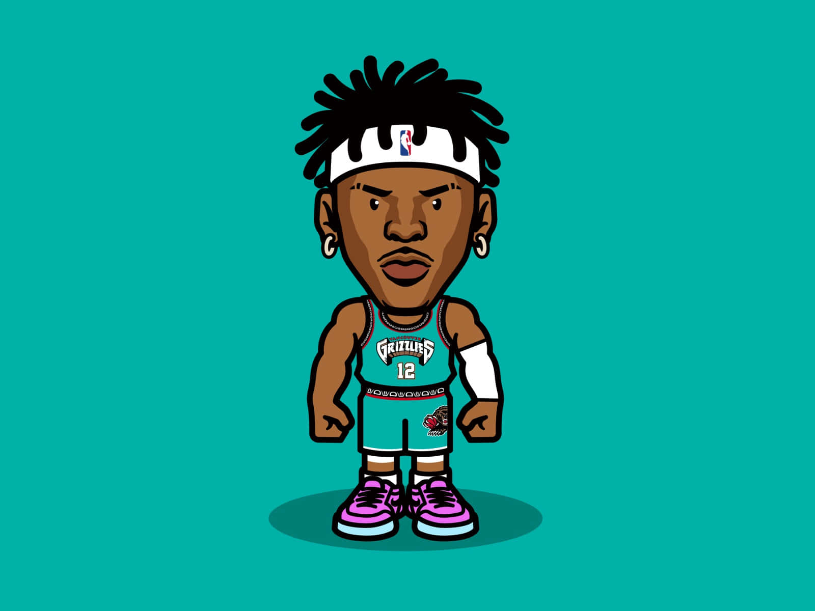 Ja Morant 動圖 桌布 壁紙 — 一個卡通籃球運動員穿著曼菲斯灰熊隊球衣，自信地站在純青色背景前。