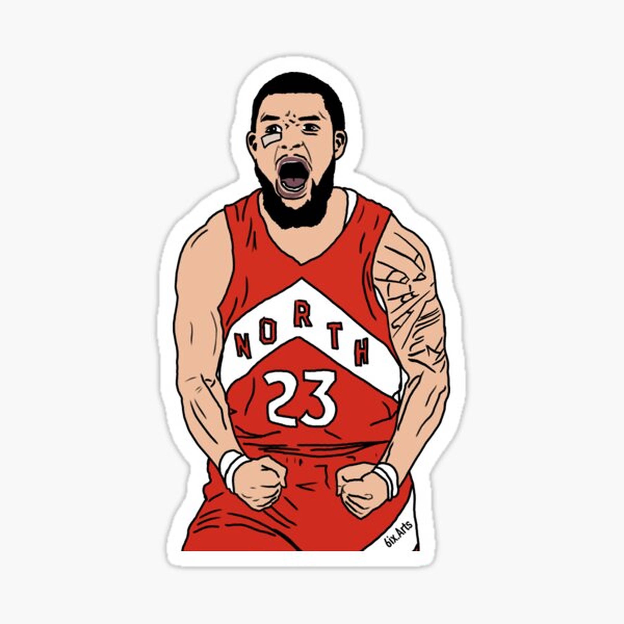 Fred Vanvleet 桌布 壁紙 — 一個卡通籃球運動員穿著紅色 'NORTH 23' 球衣，在純色背景前握緊拳頭怒吼。