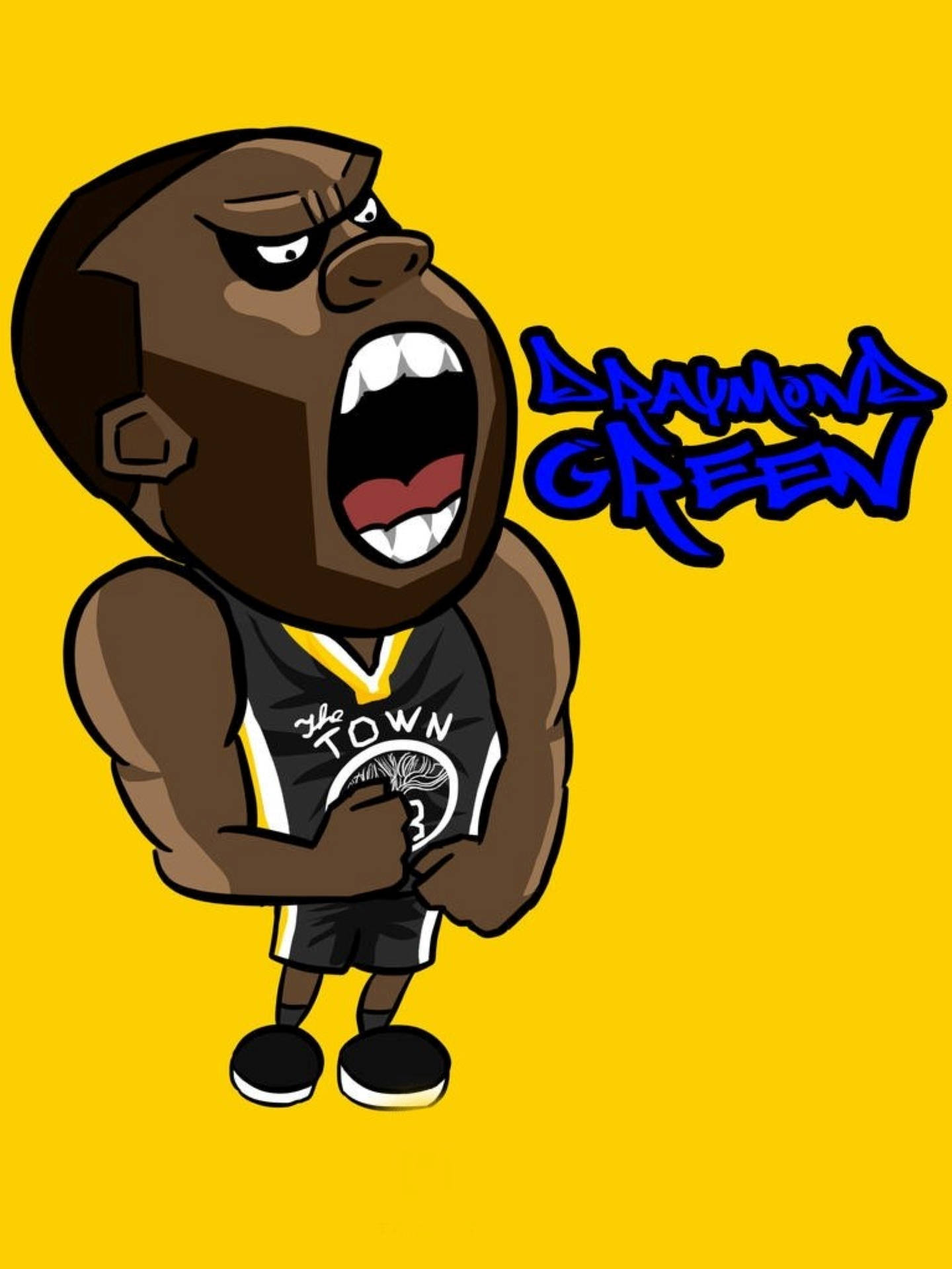 Draymond Green 桌布 壁紙 — 一個卡通籃球運動員穿著黑色球衣，在明亮的黃色背景上憤怒地尖叫，他的名字以塗鴉風格文字呈現。
