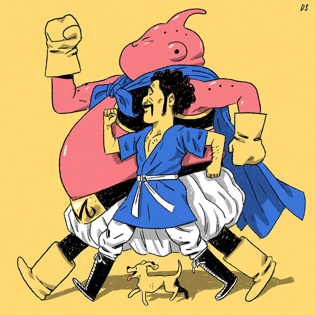 Hercule Satan 桌布 壁紙 — 一個卡通粉紅色外星人，披著藍色斗篷，抱著一個穿著藍色長袍和白色褲子的男人，同時一隻小狗在他們旁邊奔跑。