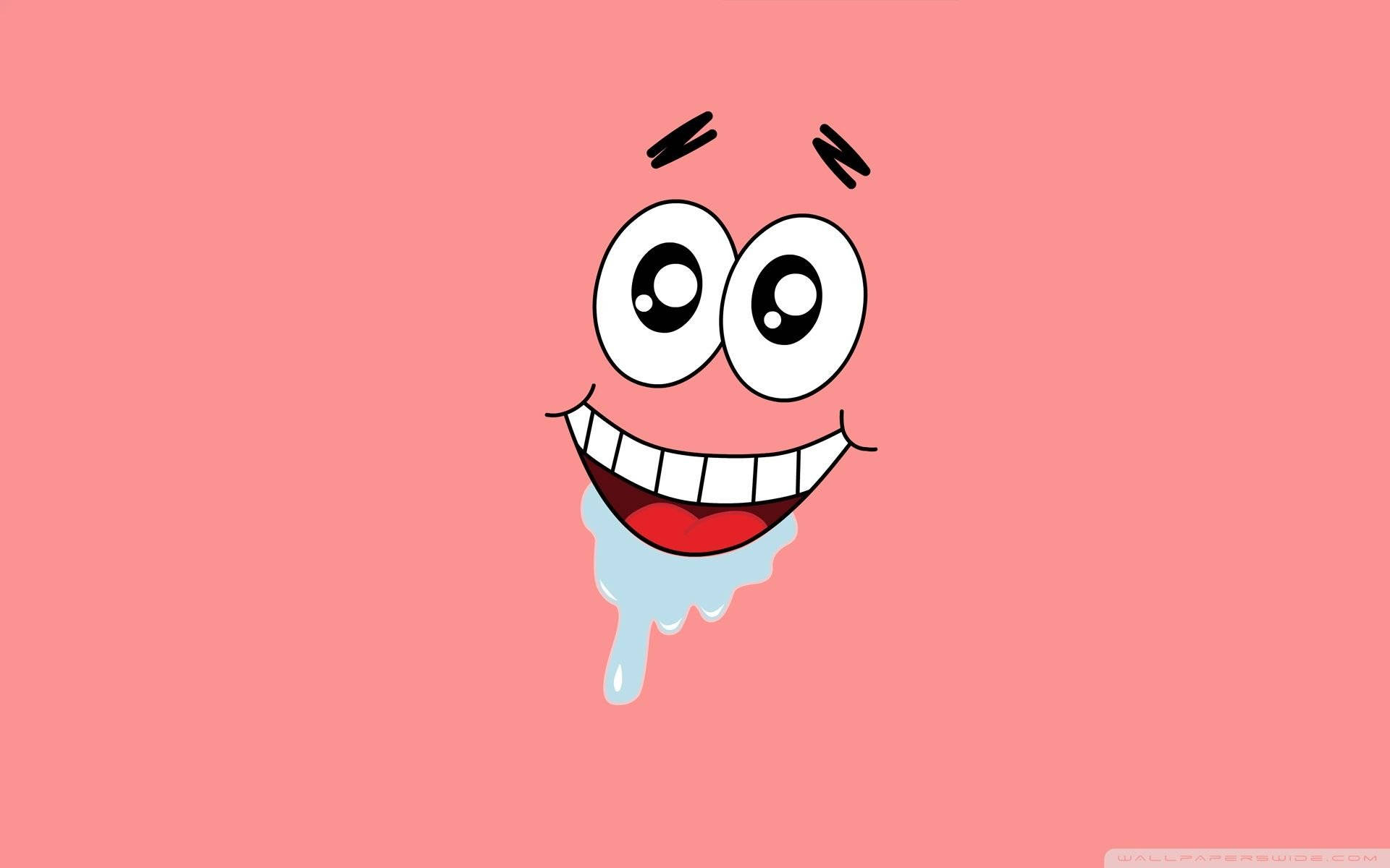 Funny Patrick 桌布 壁紙 — 一個卡通粉紅色海綿角色，有著大眼睛和滴著口水的露齒笑容，背景為純粉紅色。