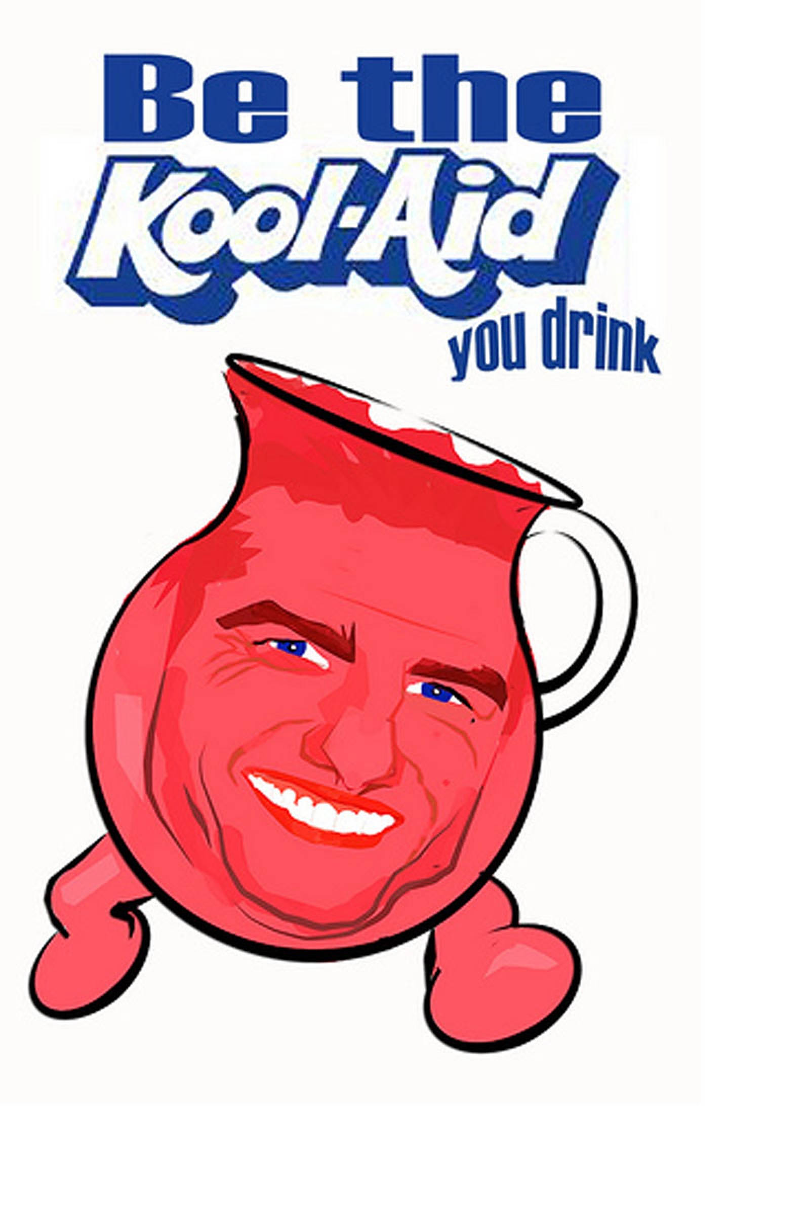 Kool Aid Man 桌布 壁紙 — 一個卡通紅色Kool-Aid水壺，帶有微笑的臉和手臂，舉著標誌性標語「Be the Kool-Aid you drink」。