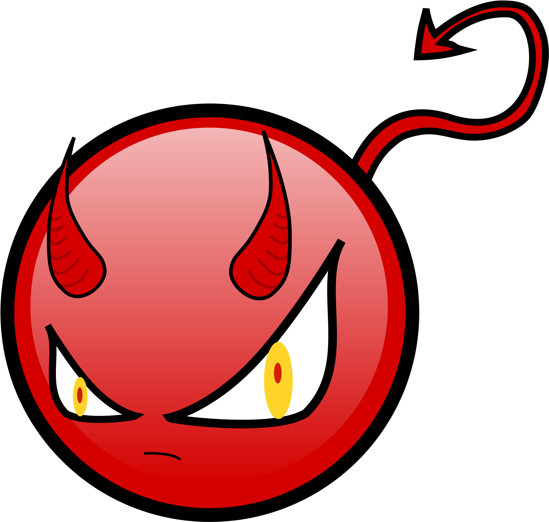 evil 桌布 壁紙 — 一個卡通紅色魔鬼面孔，帶有尖角、黃色眼睛和彎曲尾巴，背景為黑色。