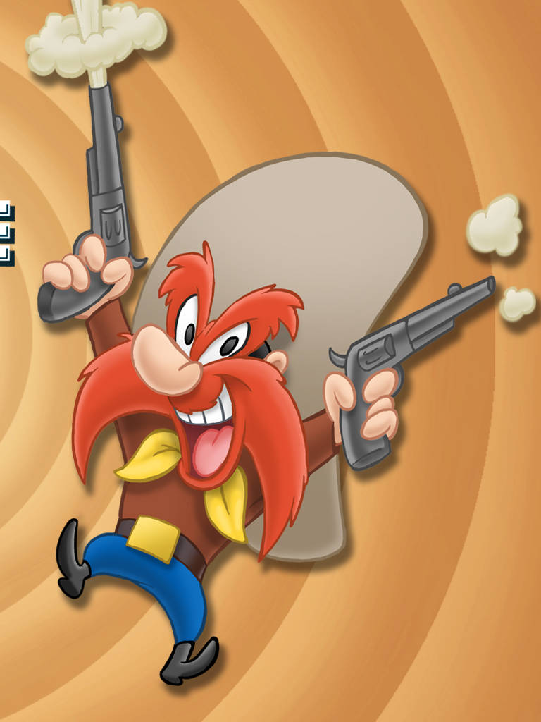Yosemite Sam 桌布 壁紙 — 一個卡通紅髮亡命之徒，戴著黃色頭巾和藍色褲子，在旋轉的橙色背景下發射兩把手槍。